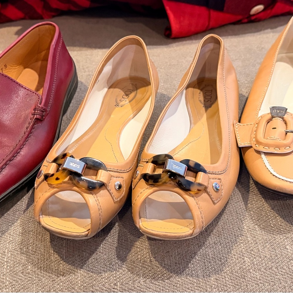 3 pairs of Tod's Beige Peep Toe Flats with Buckle